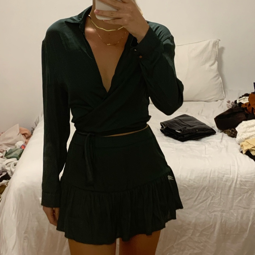 MABEL Silk olive green skirt and top set